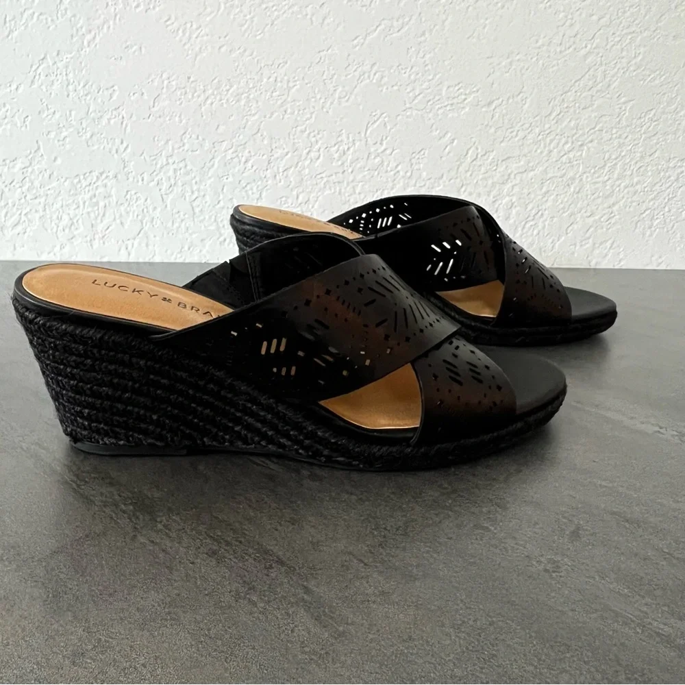 Lucky Brand Black Laser-Cut Leather Wedge Sandals
